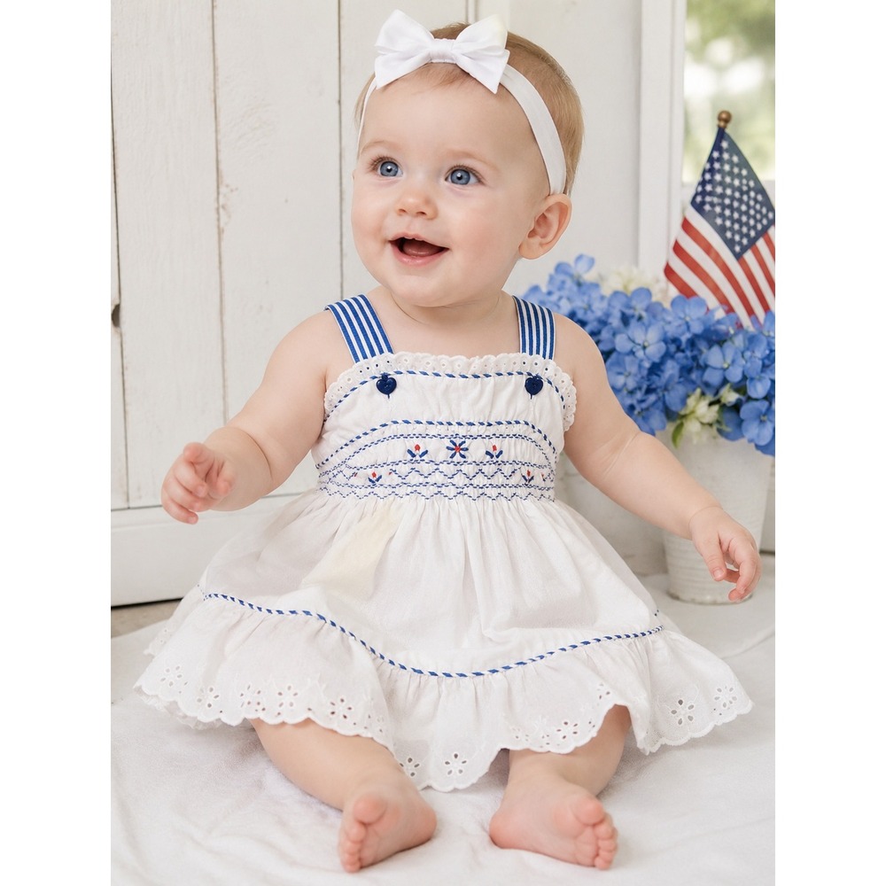 Vintage Polly Flinders Smocked Dress Baby Girls 12 Months White Blue Eyelet USA